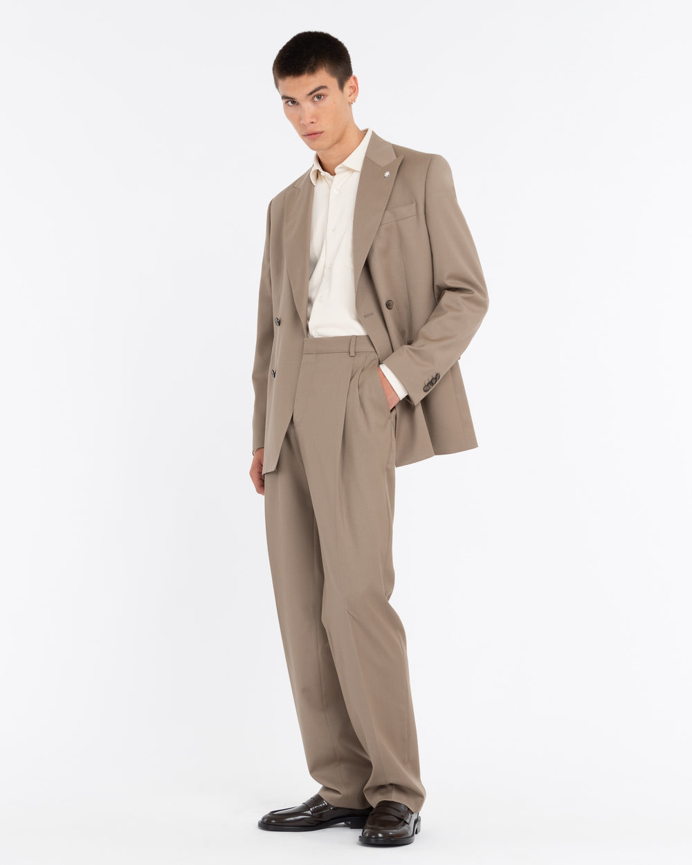 beige relaxed fit double-breasted stretch wool suit