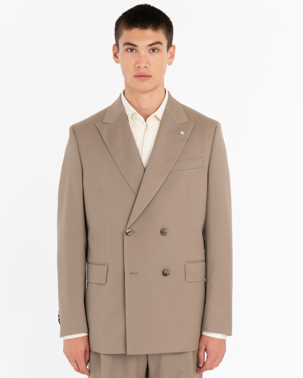 beige relaxed fit double-breasted stretch wool suit