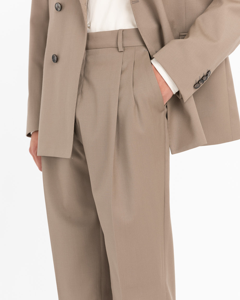 beige relaxed fit double-breasted stretch wool suit