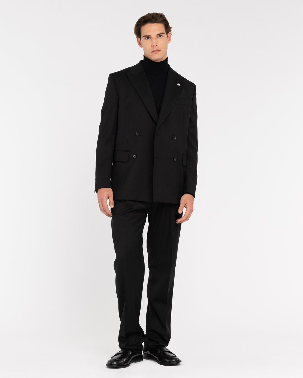 black relaxed fit double-breasted stretch wool suit