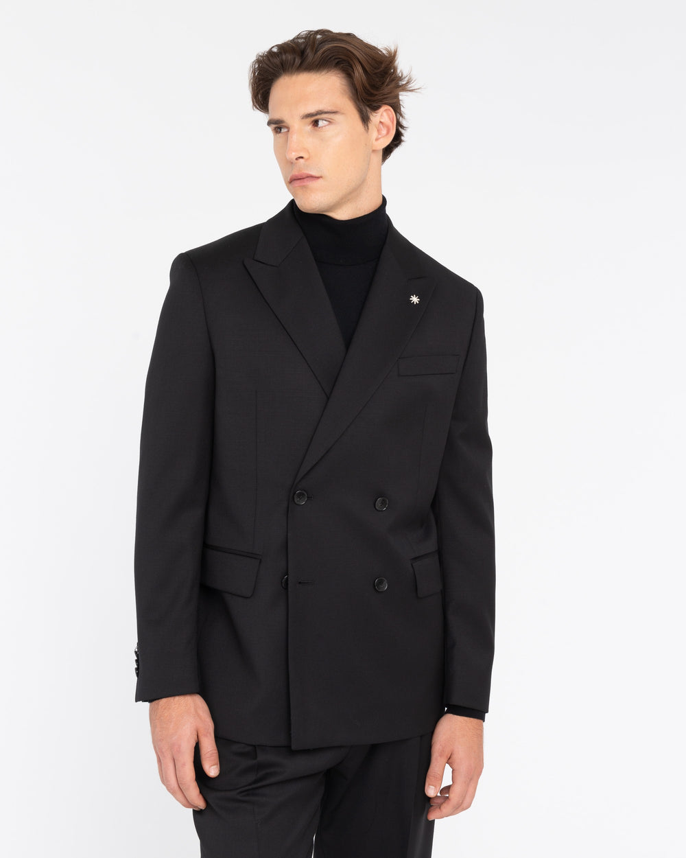 black relaxed fit double-breasted stretch wool suit