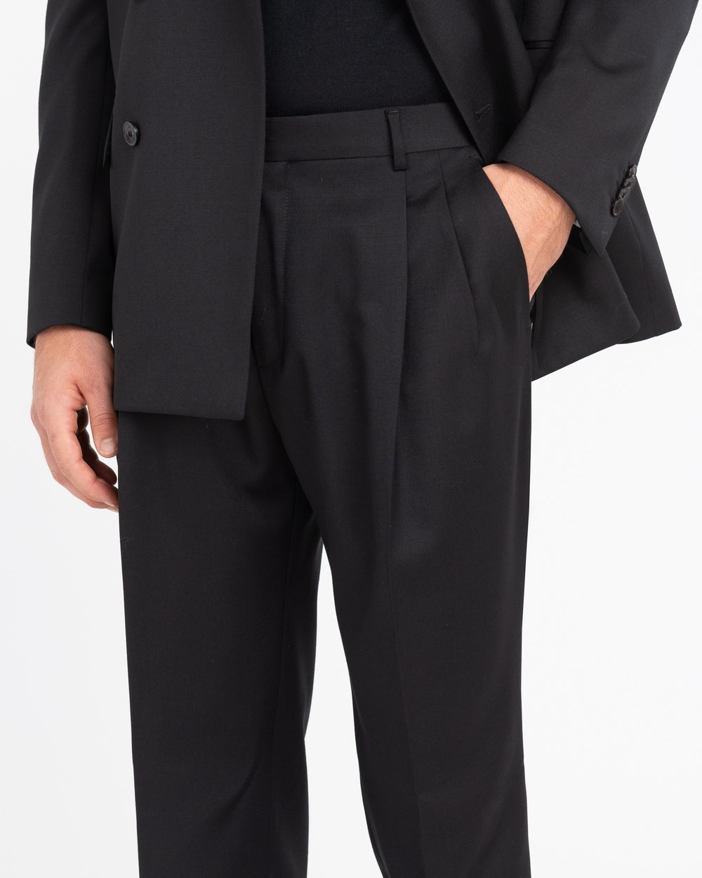 black relaxed fit double-breasted stretch wool suit