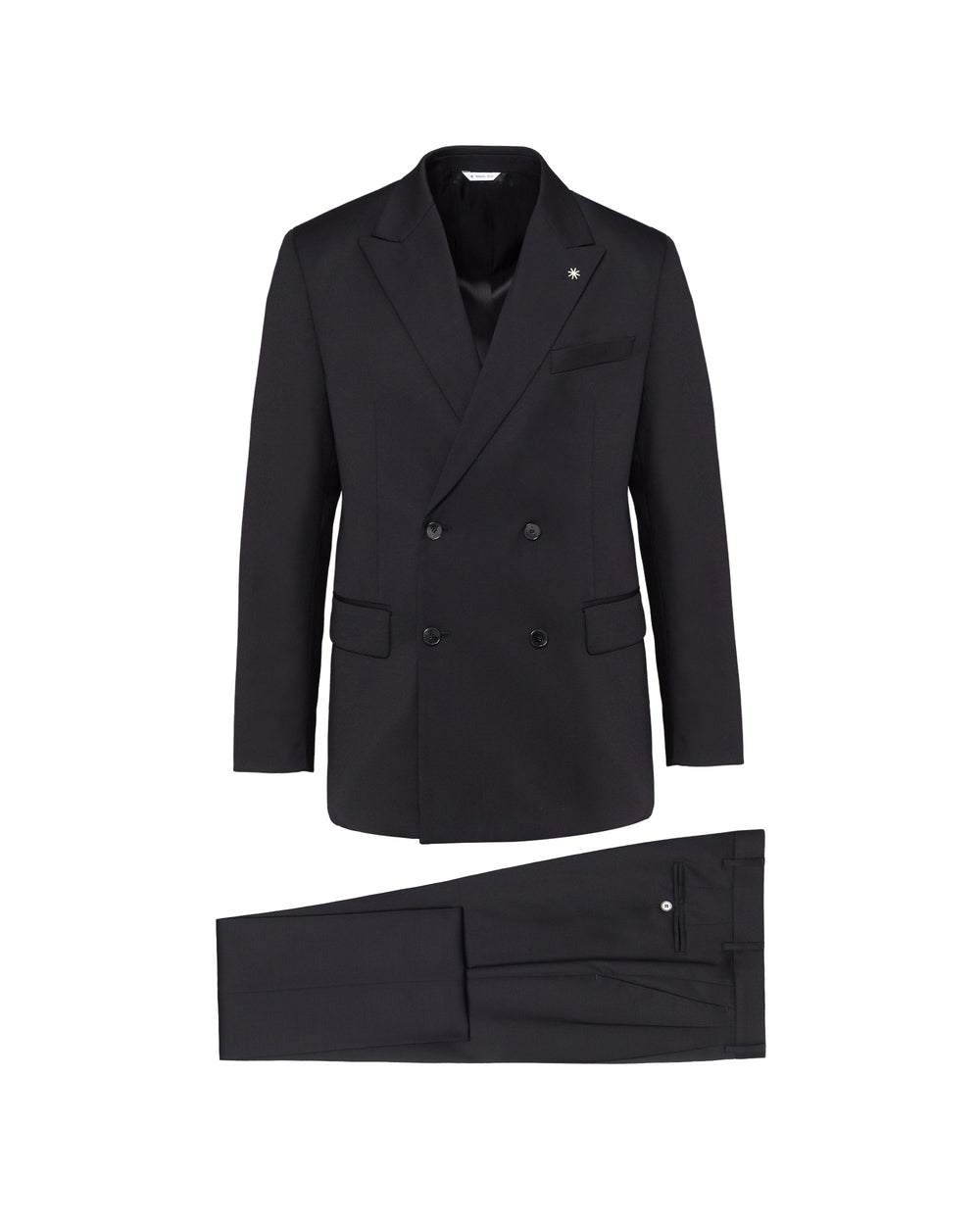 black relaxed fit double-breasted stretch wool suit