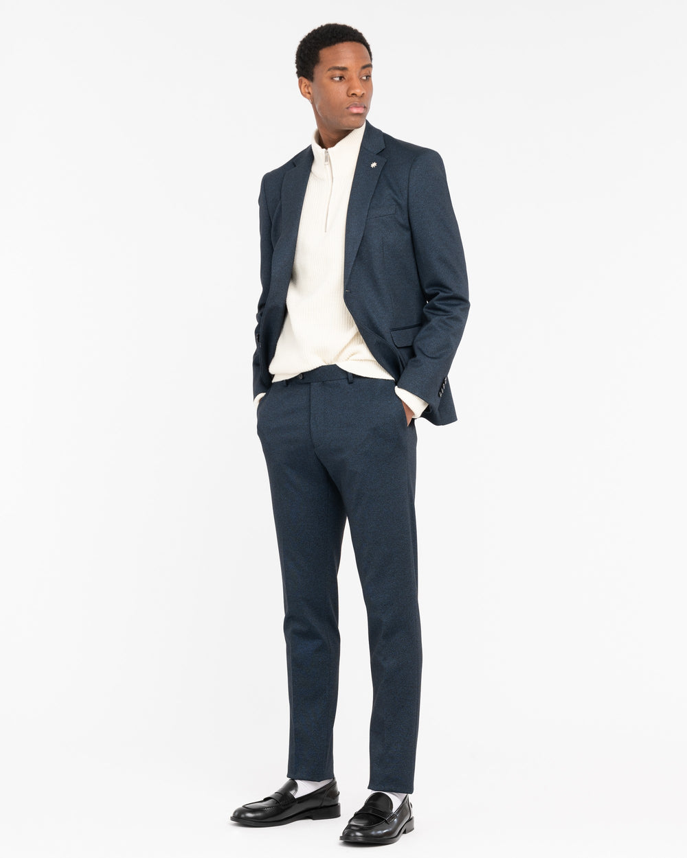 blue stretch viscose blend jersey suit