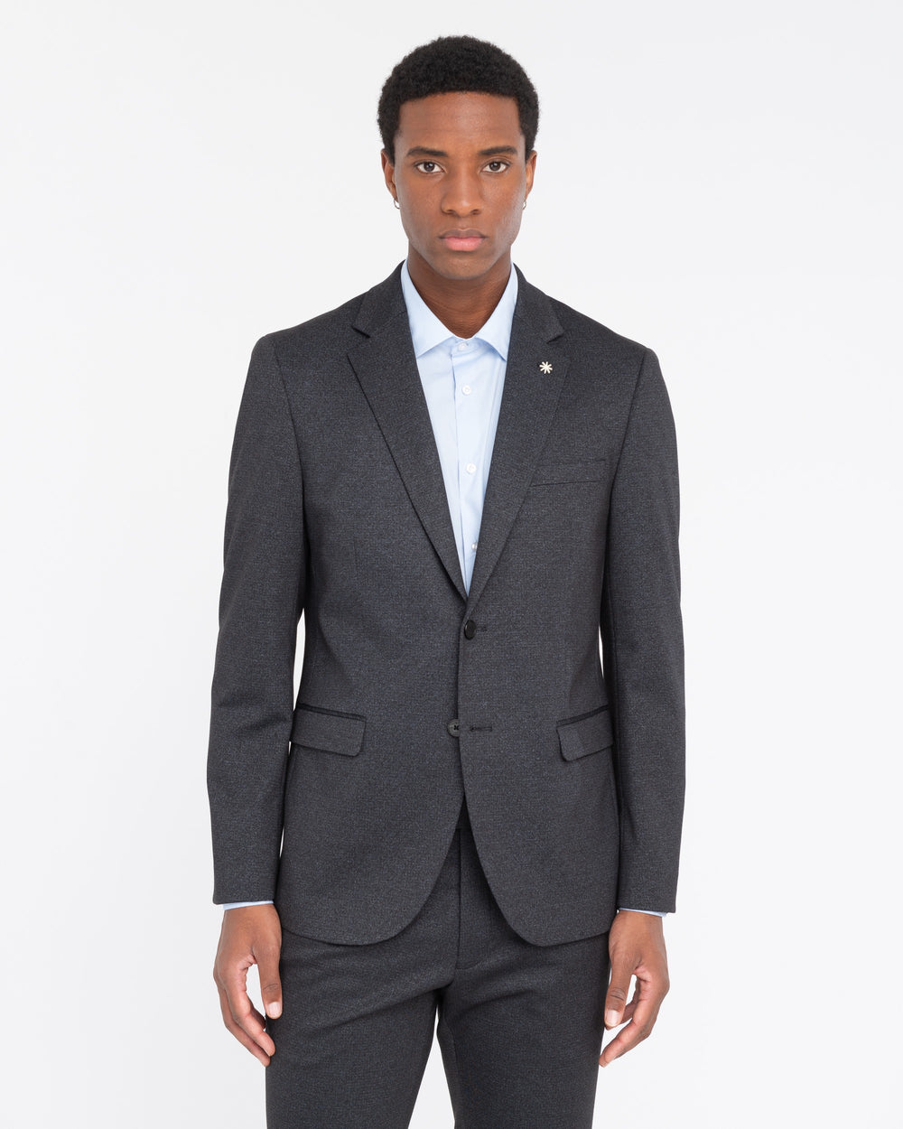 black stretch viscose blend jersey suit