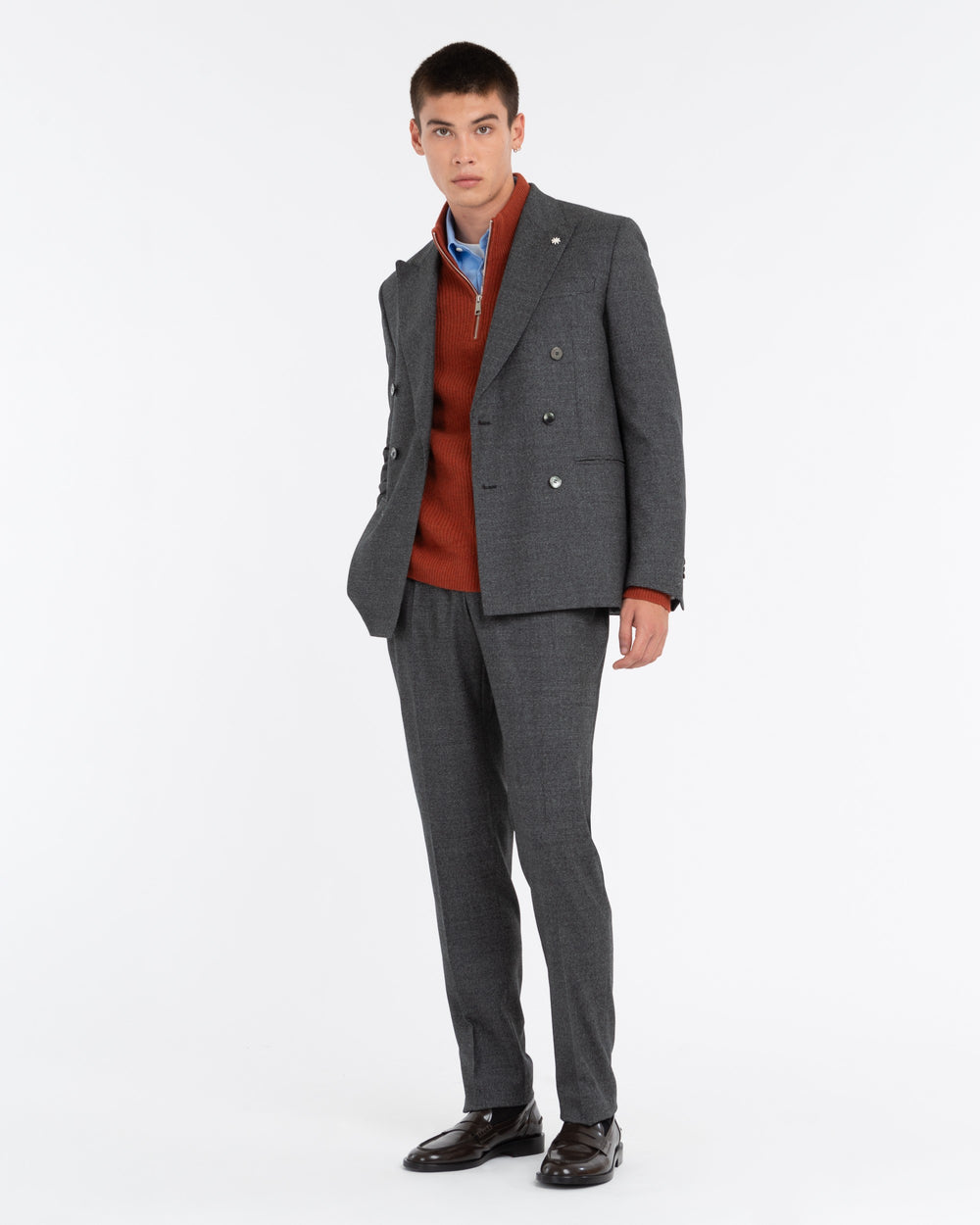 gray double-breasted pied de poule stretch wool suit