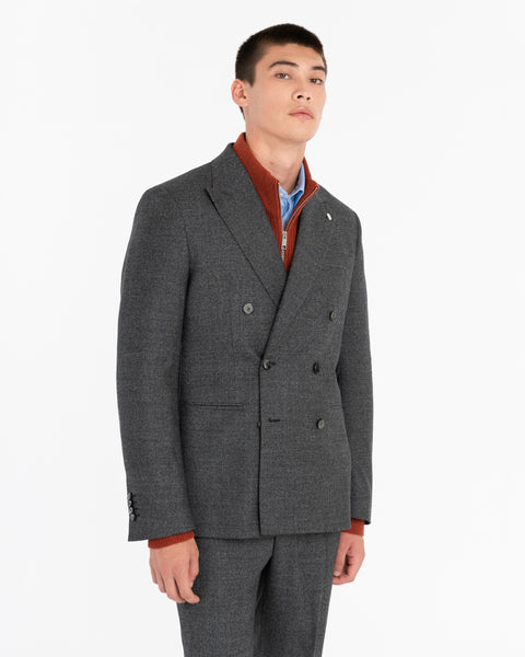 gray double-breasted pied de poule stretch wool suit