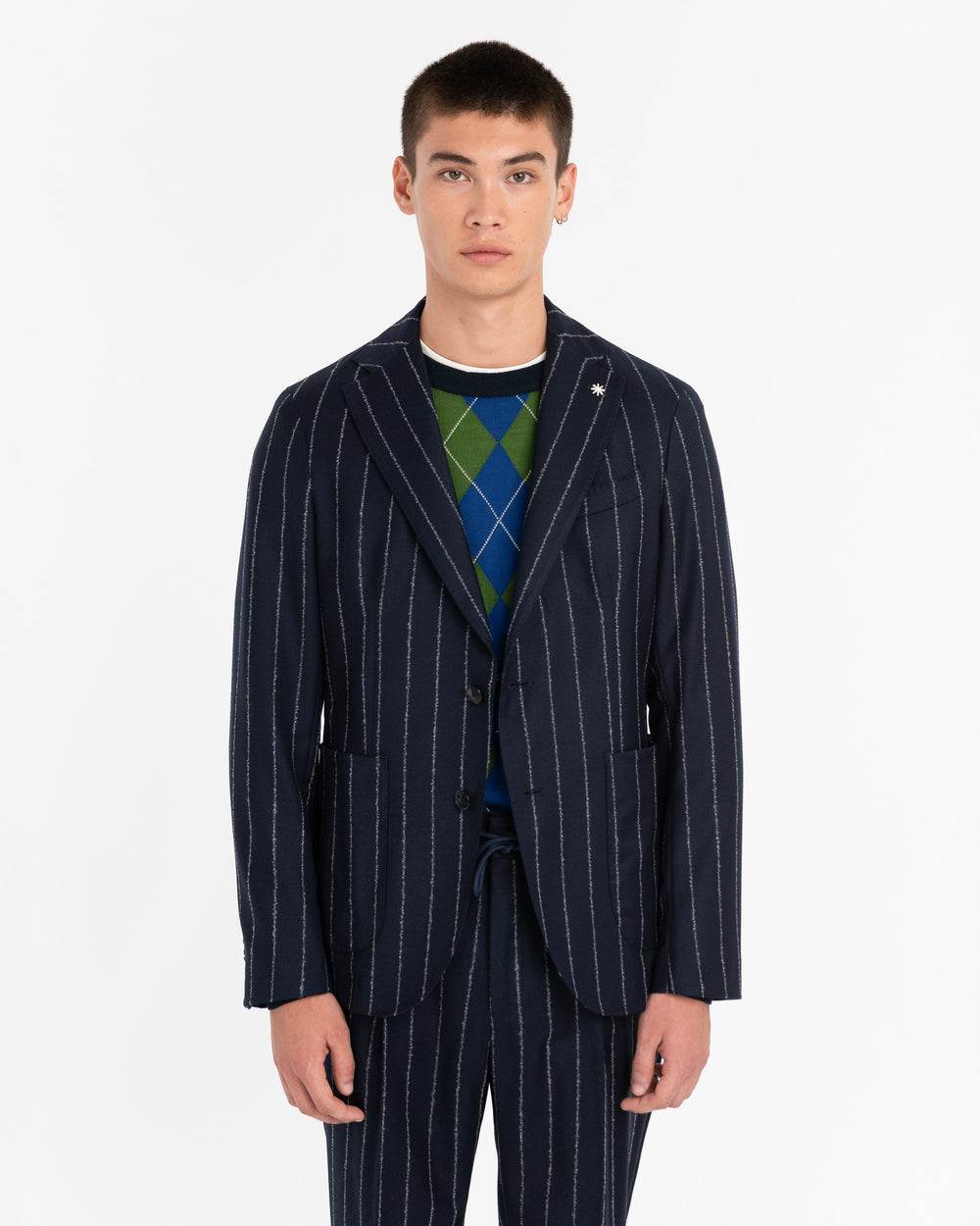 blue slim regimental suit in stretch wool flannel