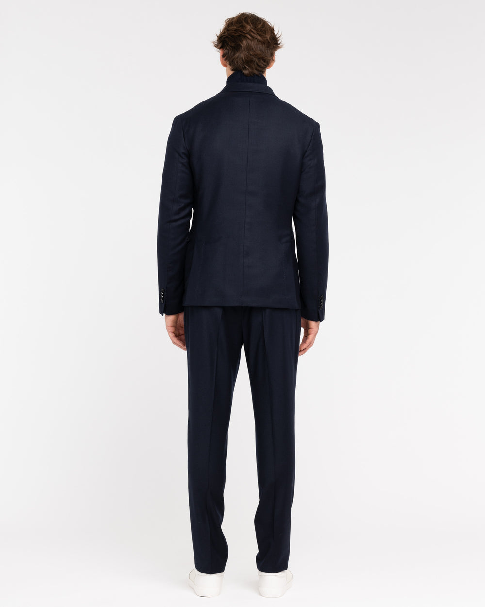 blue double-breasted stretch wool flannel suit