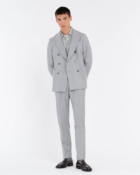 gray double-breasted stretch wool flannel suit