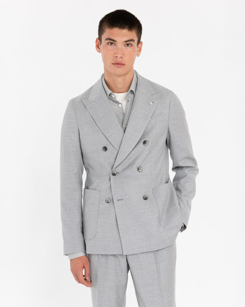 gray double-breasted stretch wool flannel suit