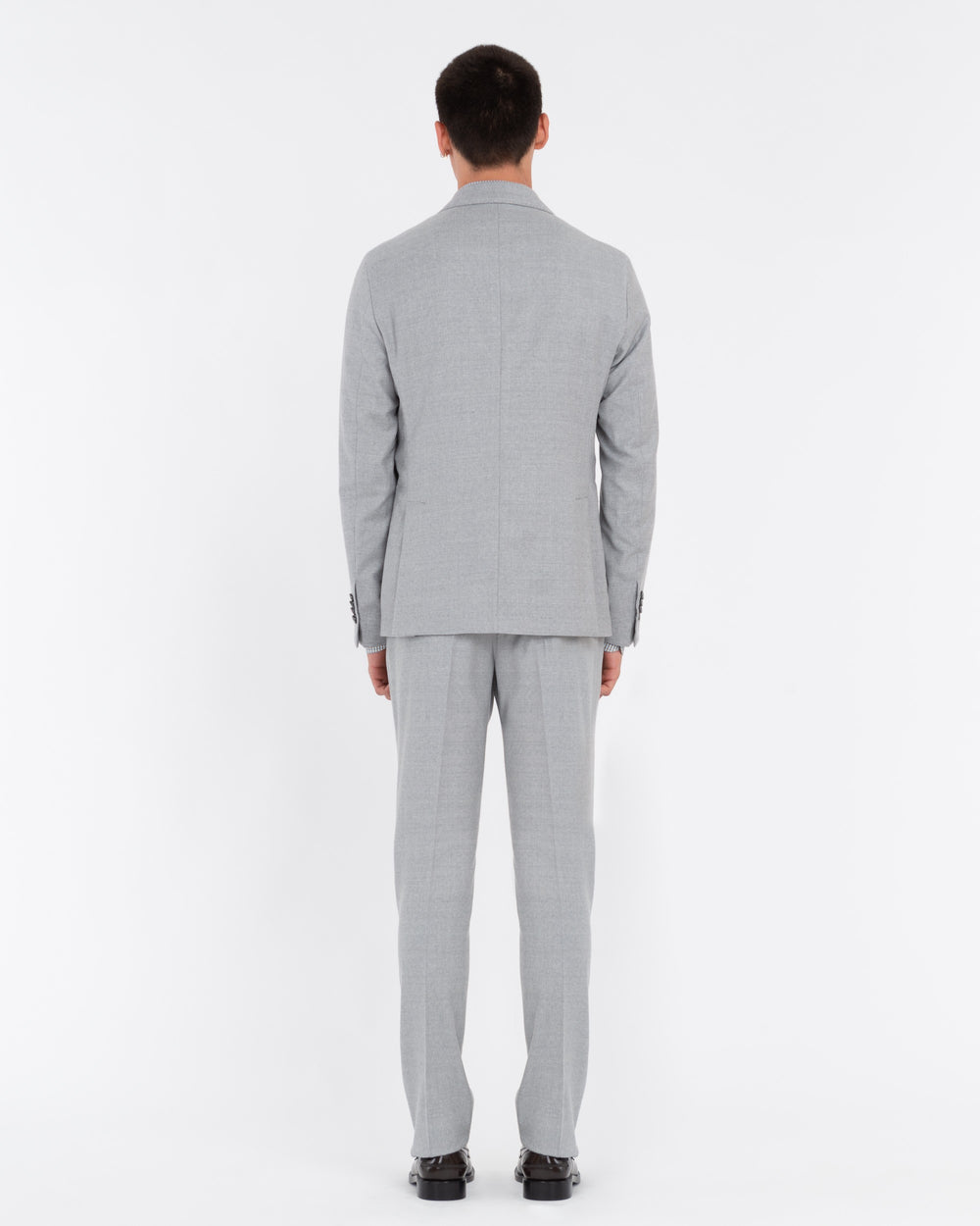 gray double-breasted stretch wool flannel suit