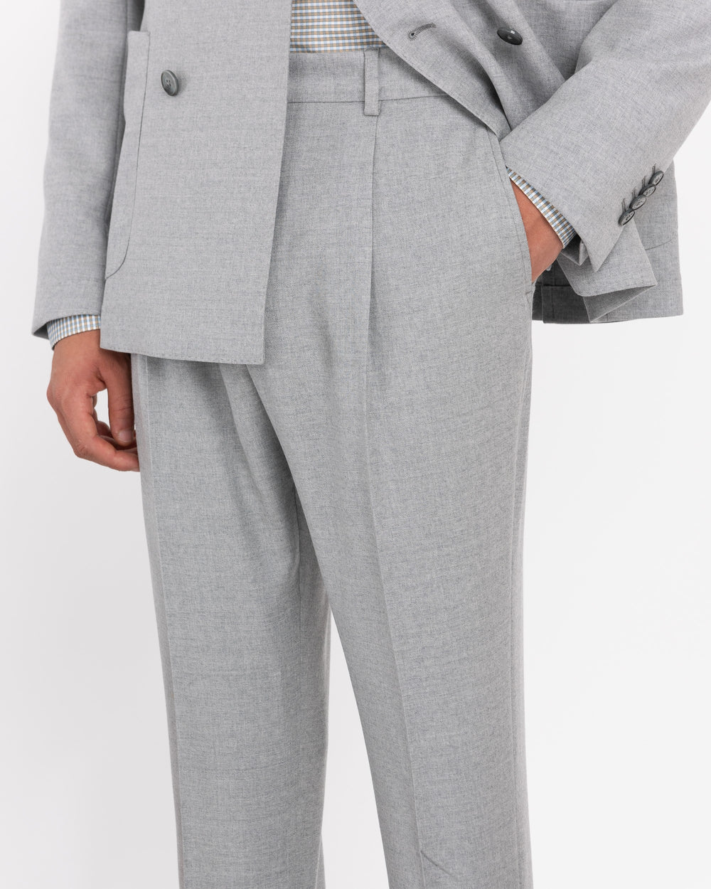 gray double-breasted stretch wool flannel suit