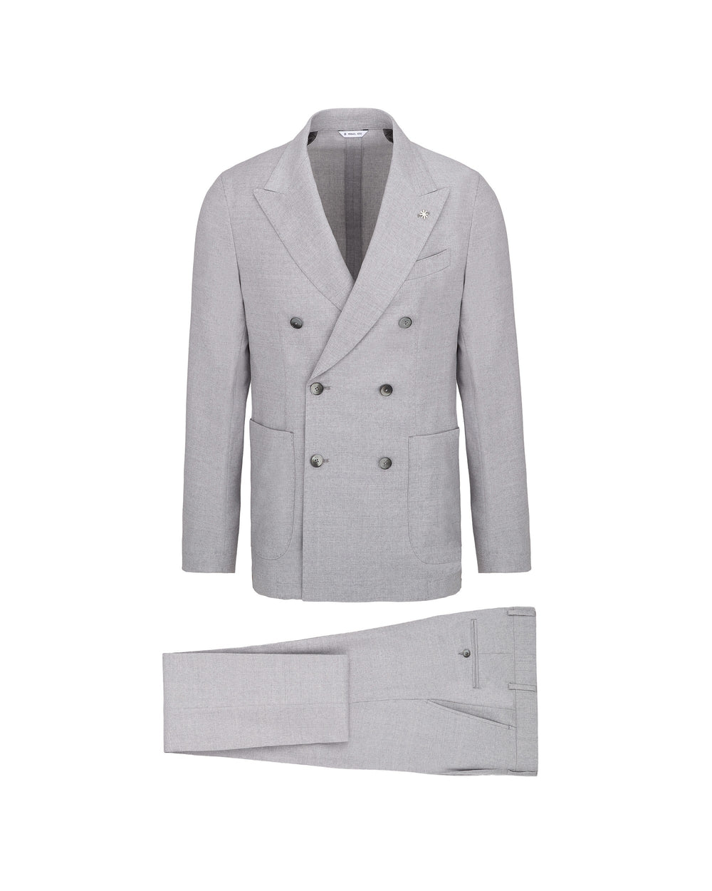 gray double-breasted stretch wool flannel suit