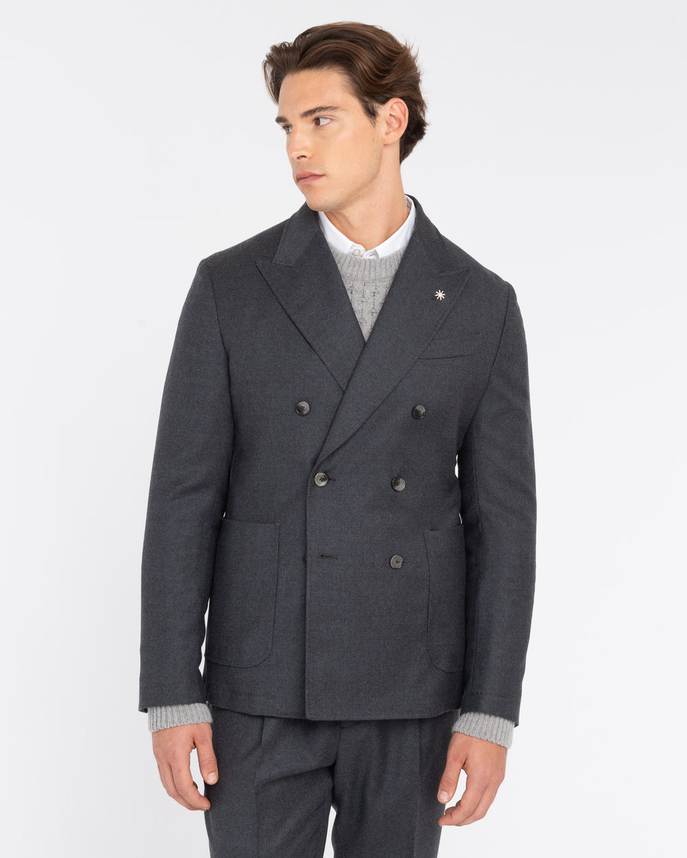 gray double-breasted stretch wool flannel suit