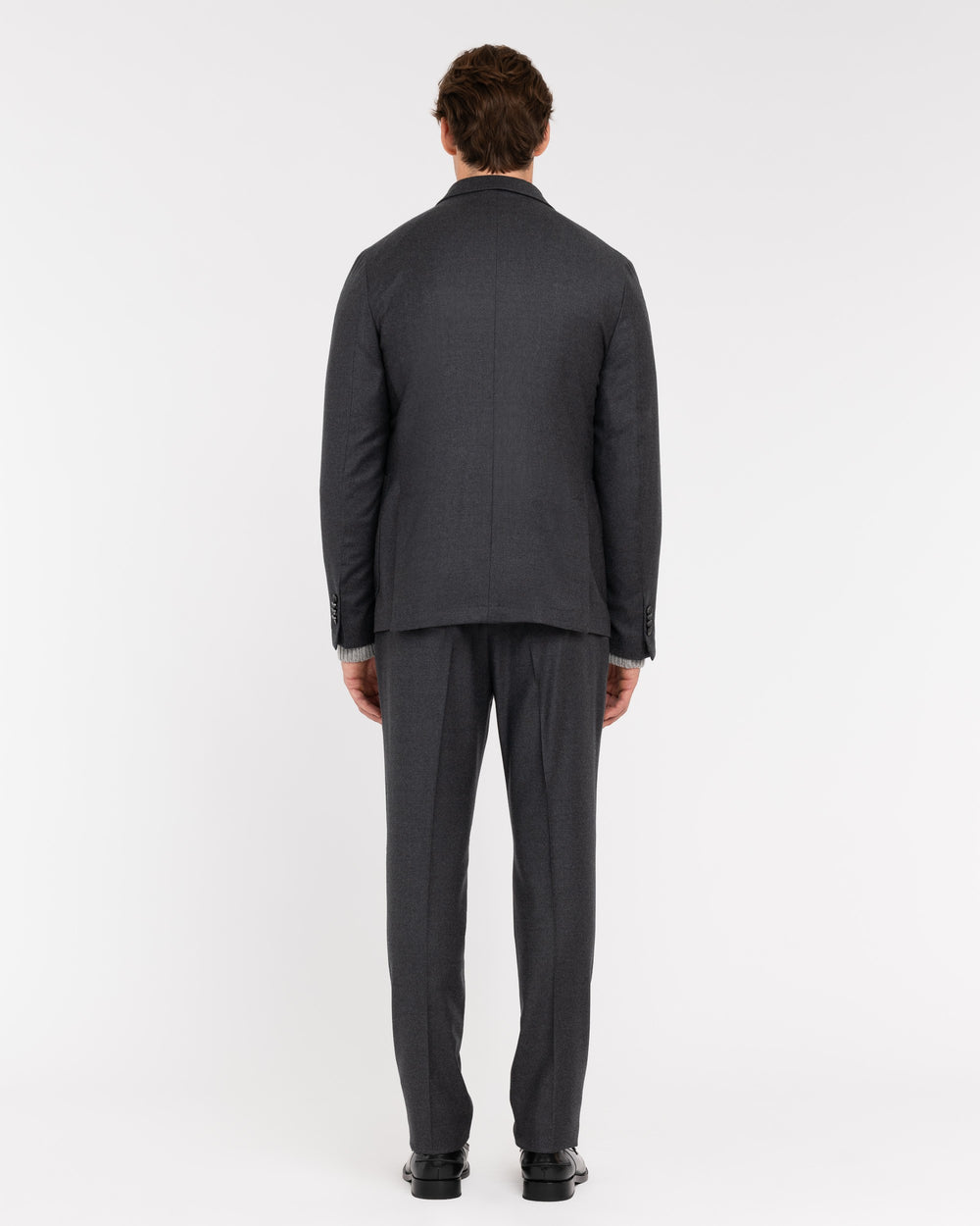 gray double-breasted stretch wool flannel suit