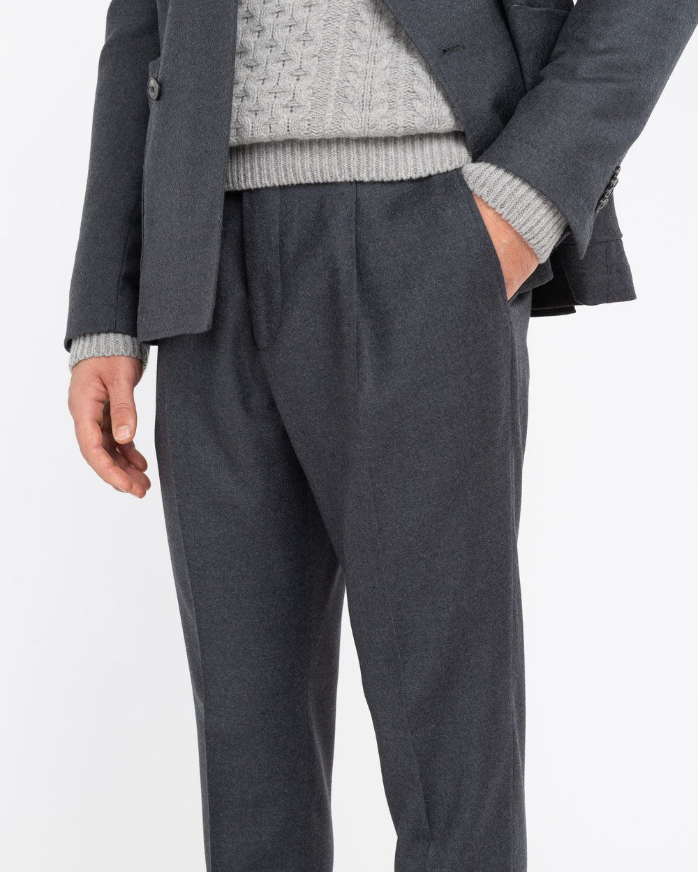 gray double-breasted stretch wool flannel suit