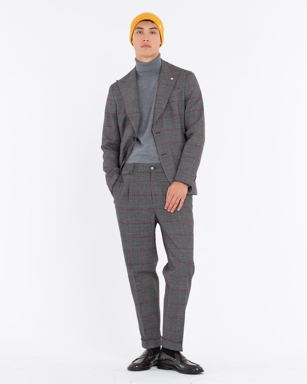 black stretch viscose blend bouclè overcheck suit