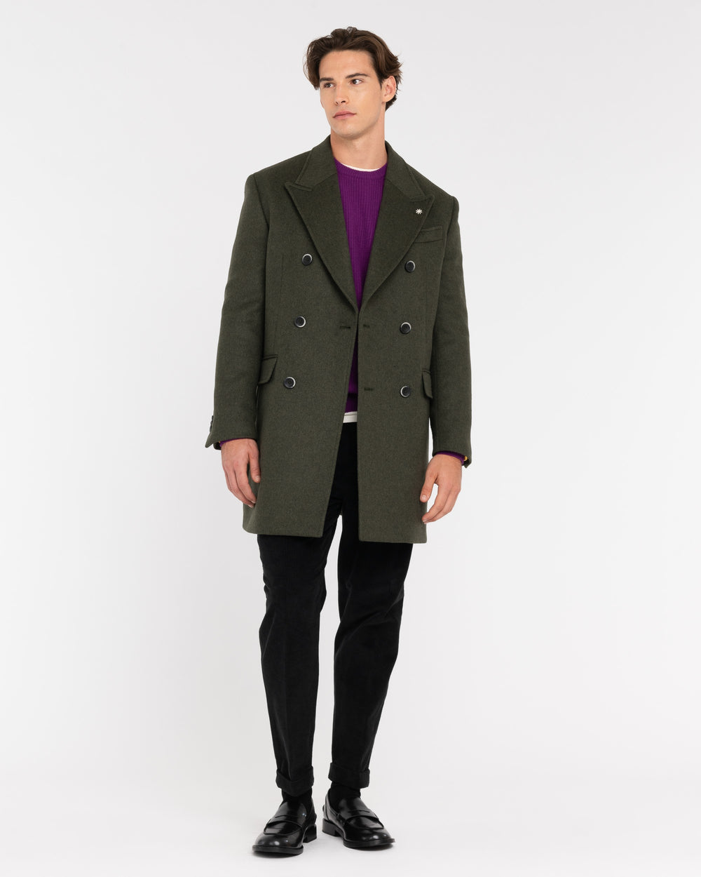 green double-breasted wool-blend cloth coat