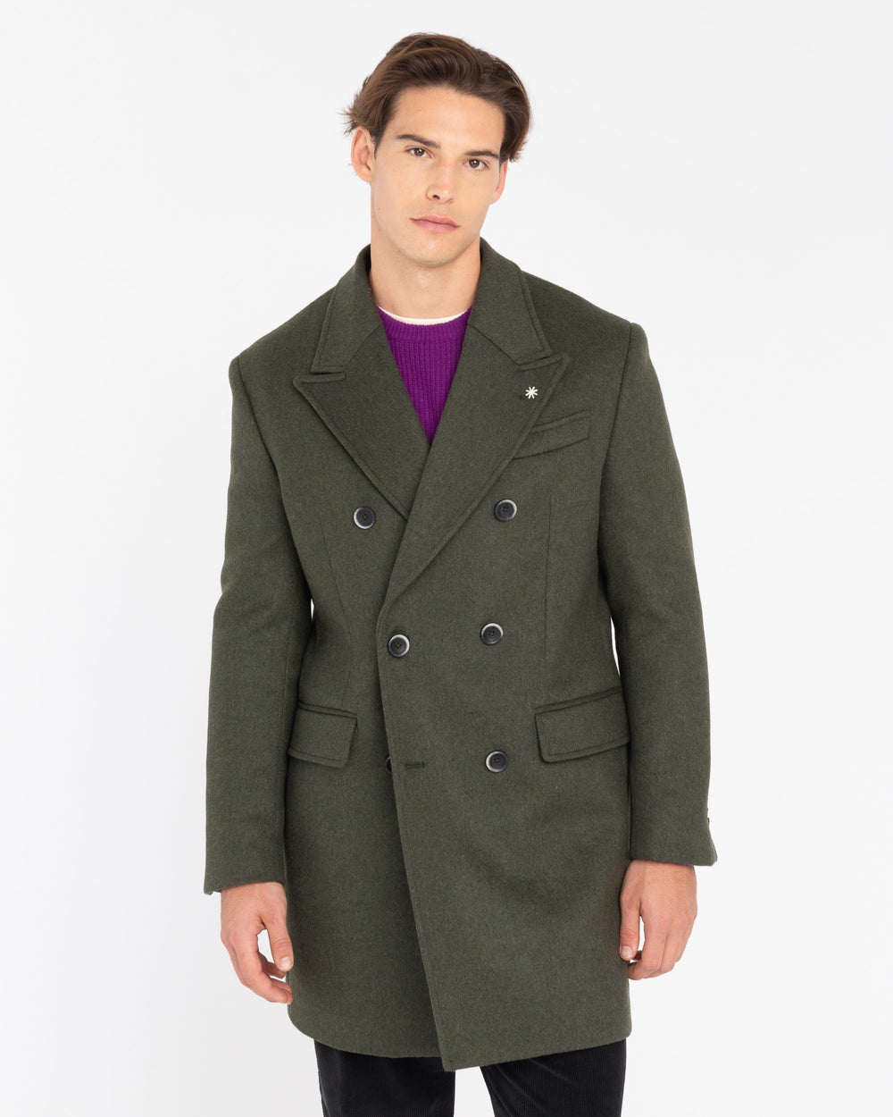 green double-breasted wool-blend cloth coat