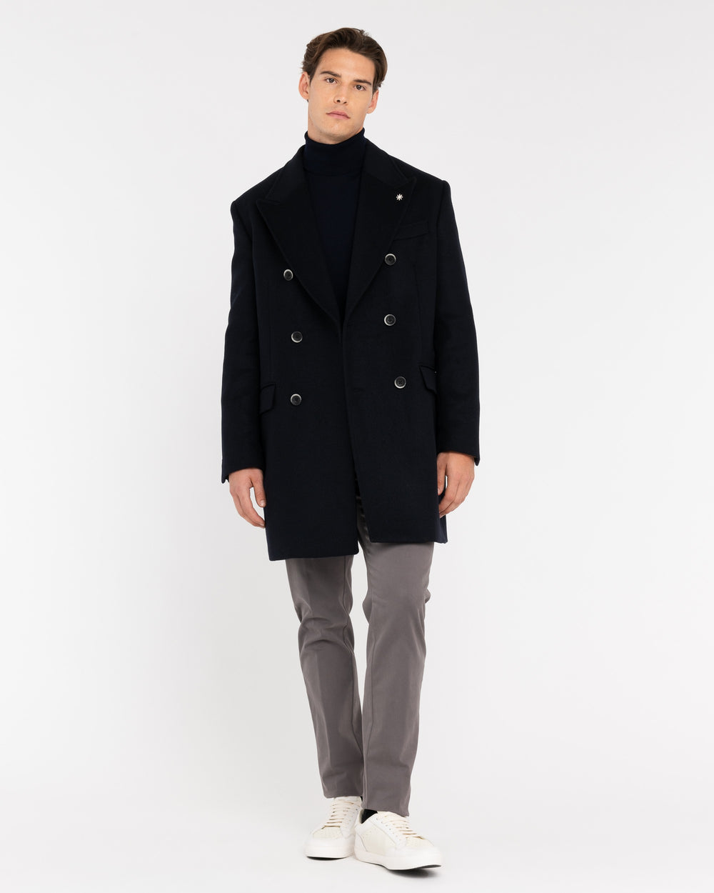 blue double-breasted wool-blend cloth coat