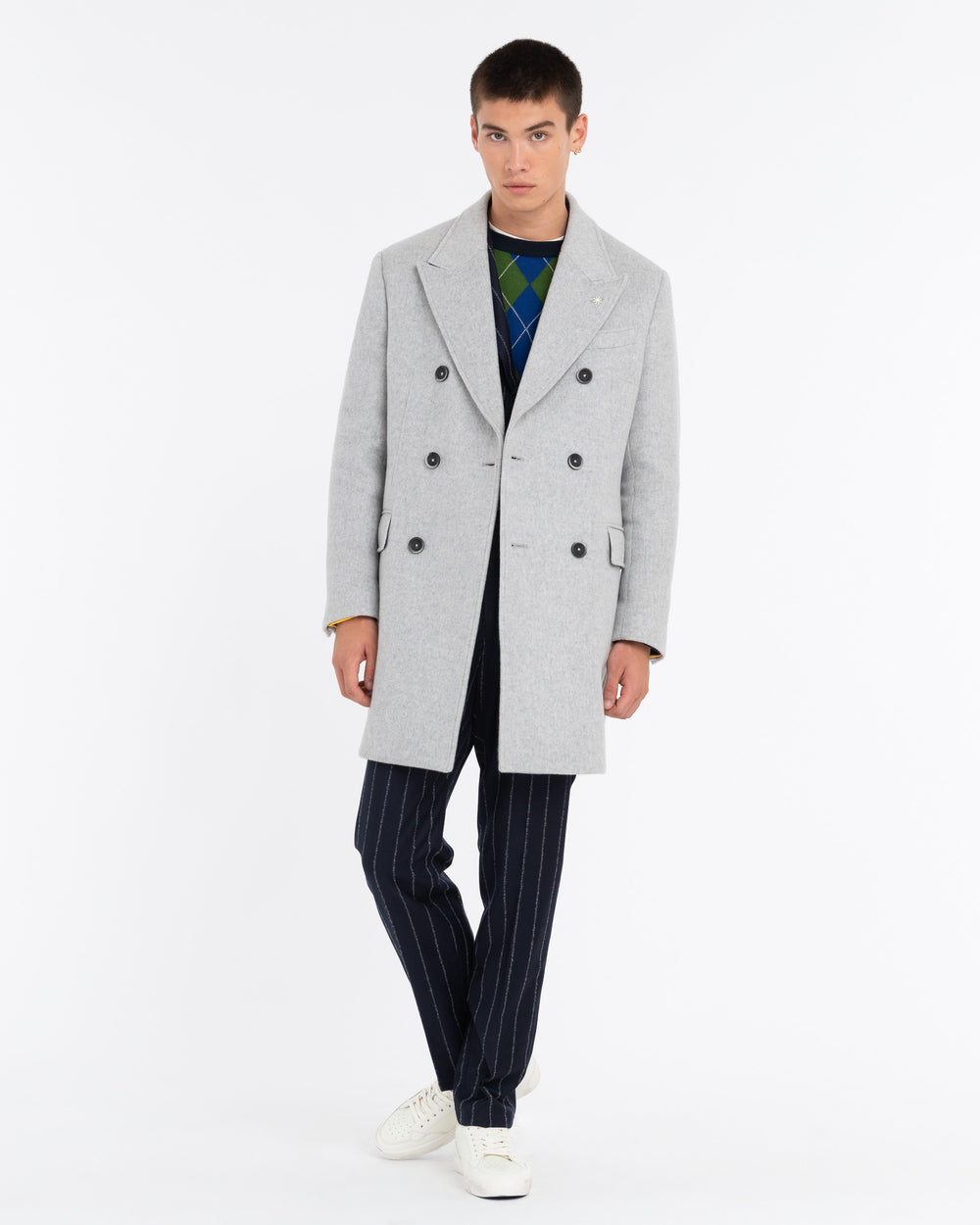 gray double-breasted wool-blend cloth coat