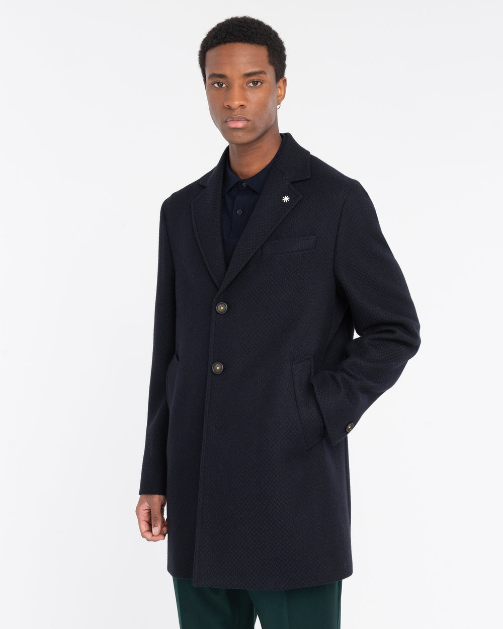 blue wool blend micro pattern slim coat