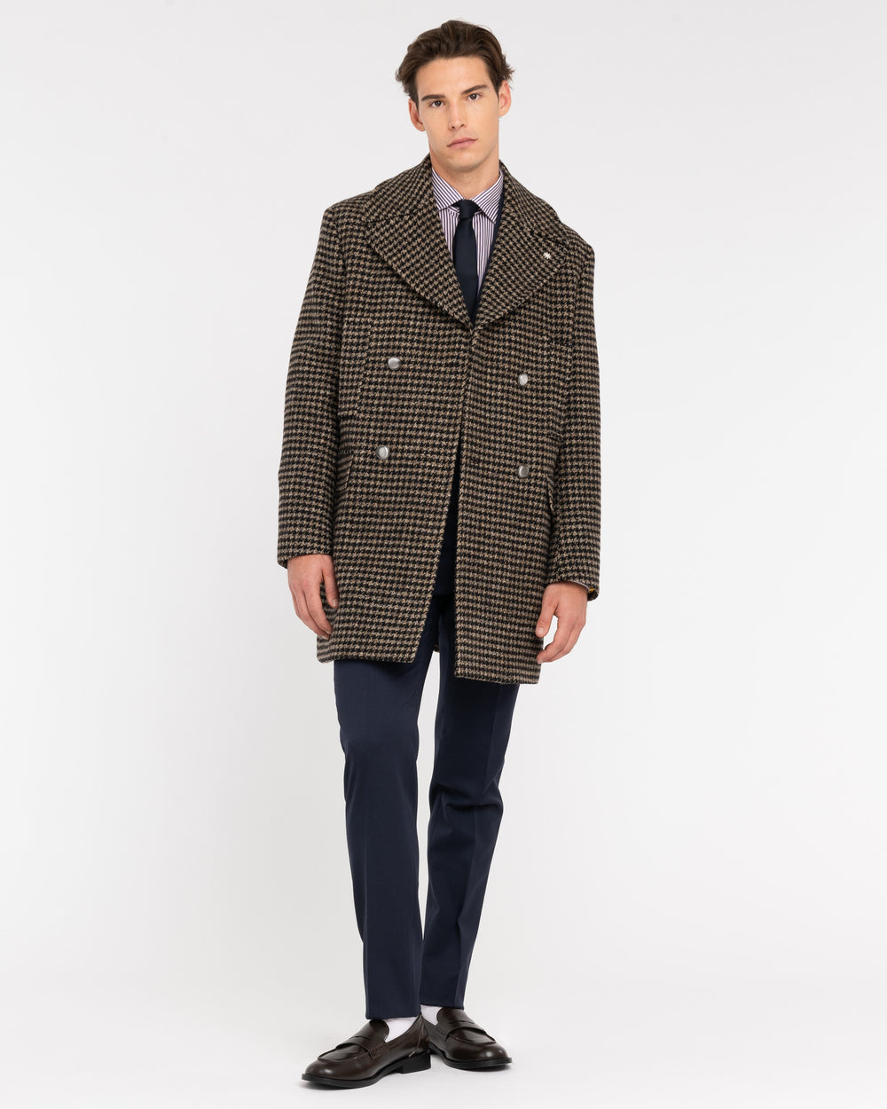 beige double-breasted pied de poule wool coat