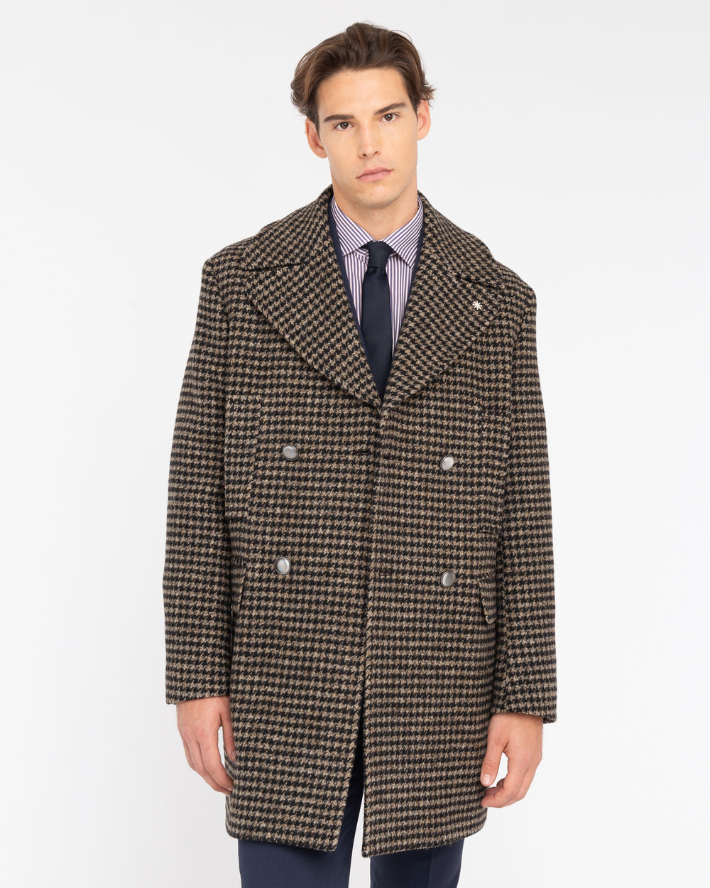 beige double-breasted pied de poule wool coat