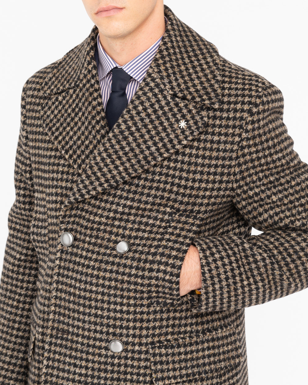 beige double-breasted pied de poule wool coat