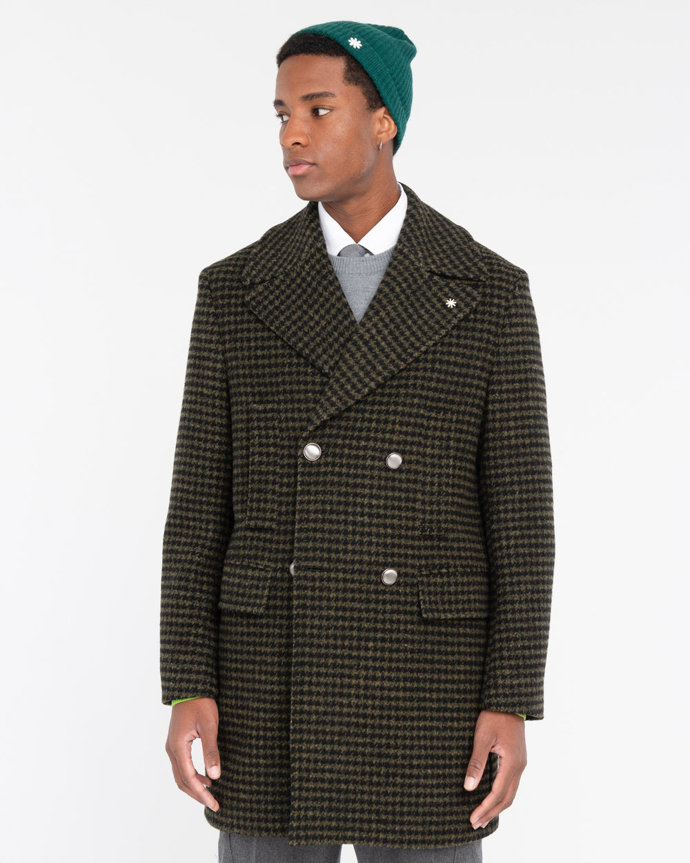 green double-breasted pied de poule wool coat