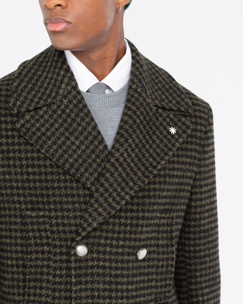 green double-breasted pied de poule wool coat