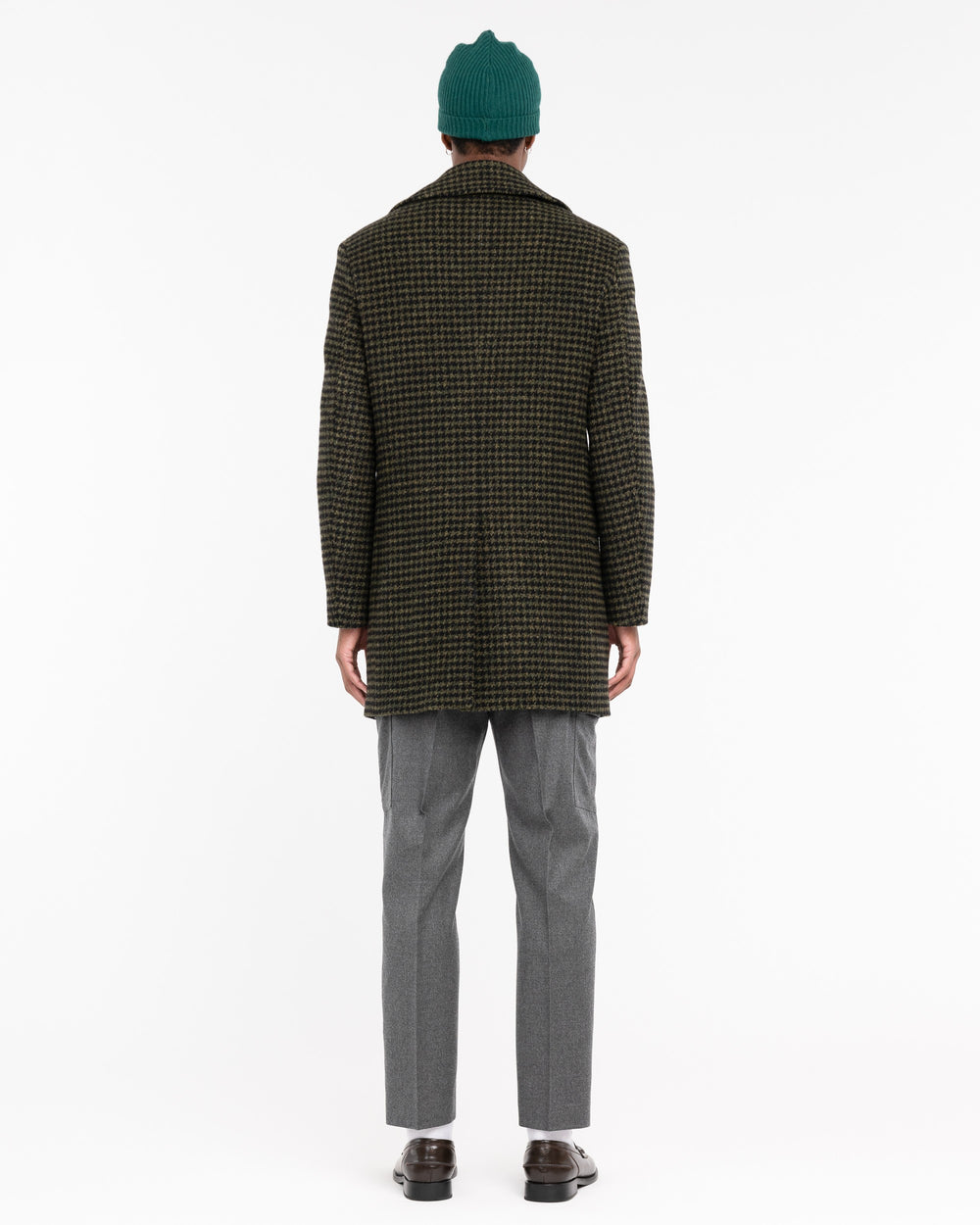 green double-breasted pied de poule wool coat