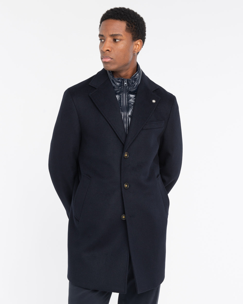 blue wool-blend cloth bib coat