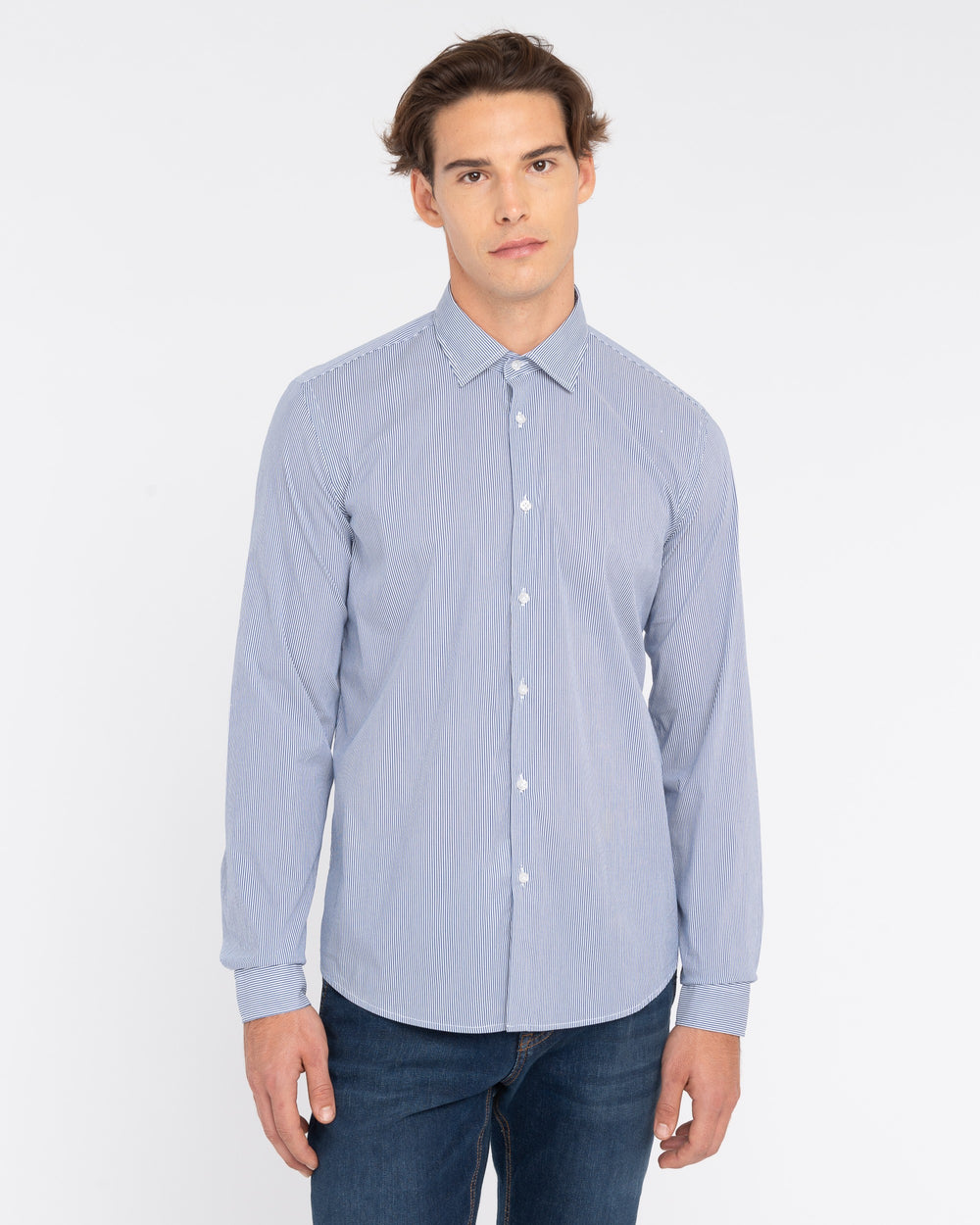 blue washed stretch cotton striped shirt