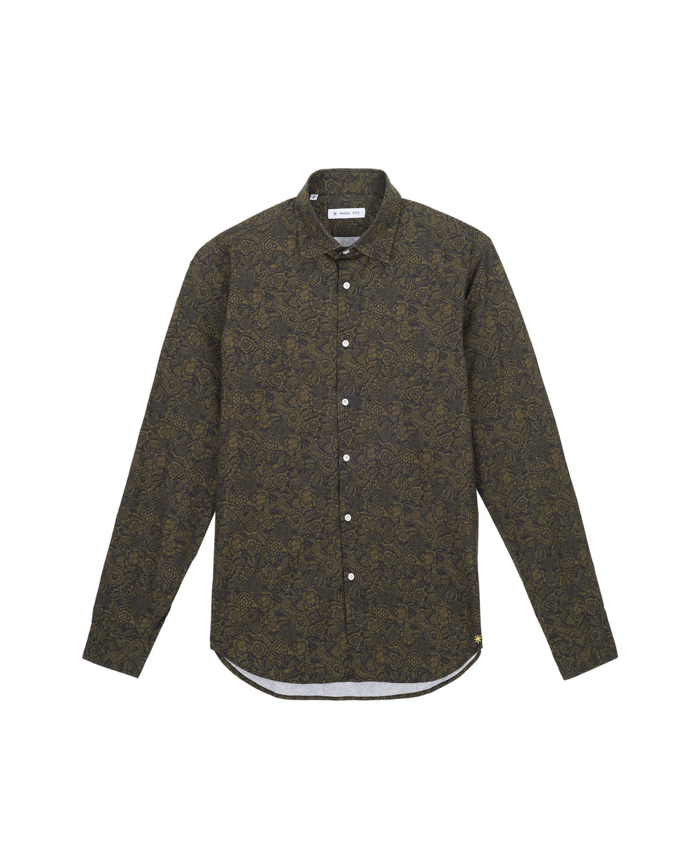 green washed poplin stretch shirt with foliage print