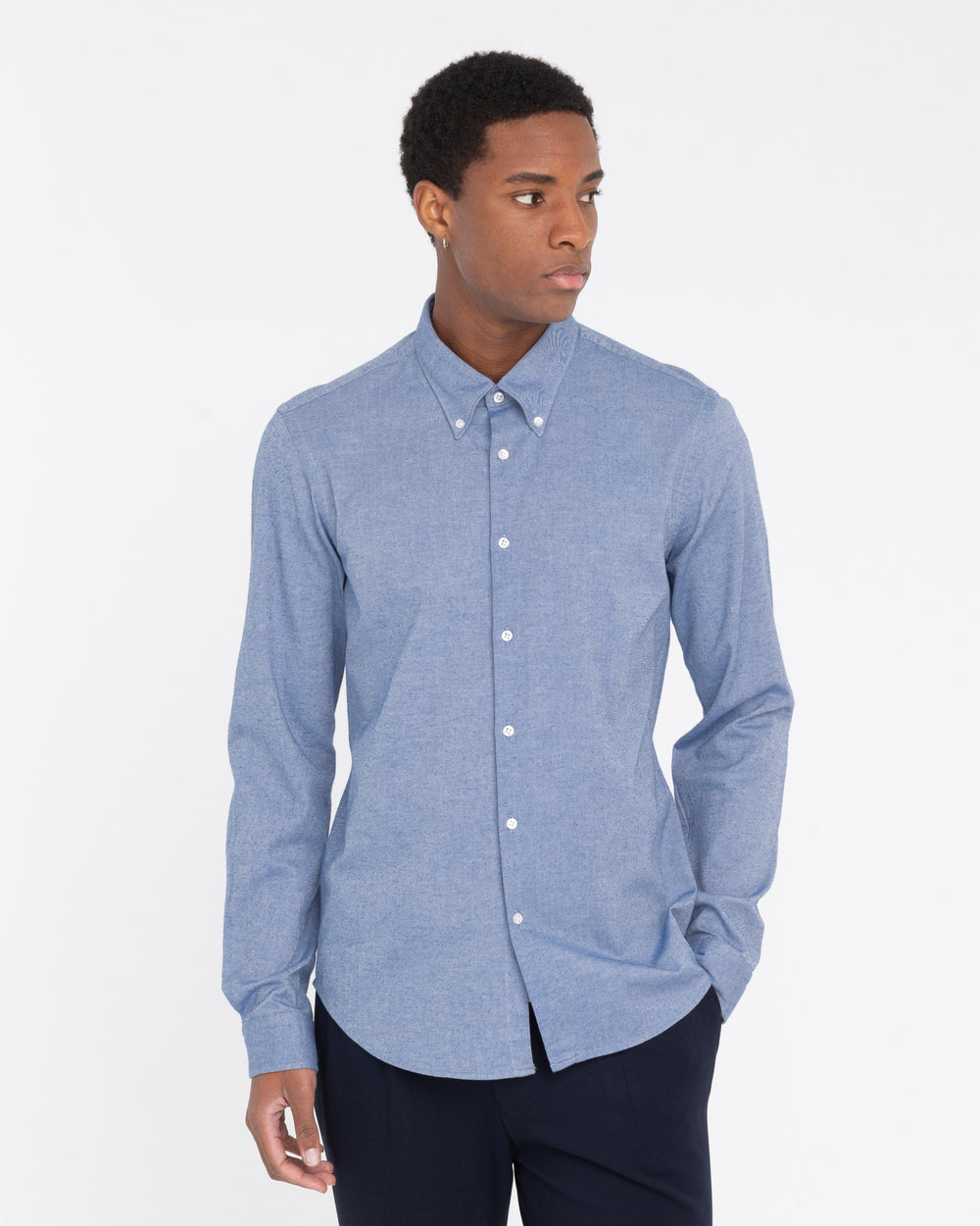 light blue twill cotton stretch button down shirt