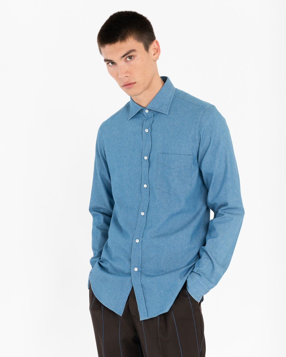 light blue slim fit indigo cotton chambray shirt