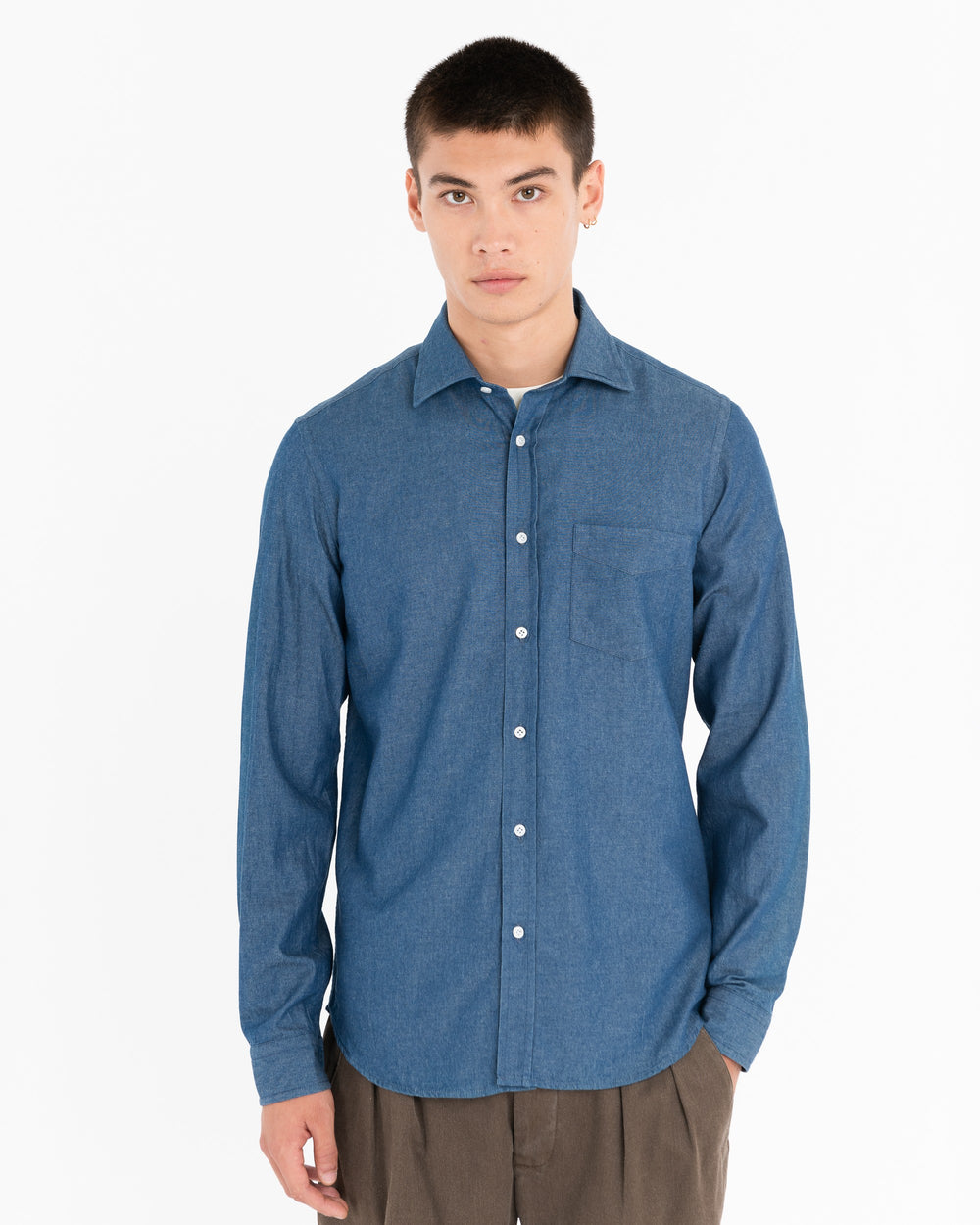 blue slim fit indigo cotton chambray shirt