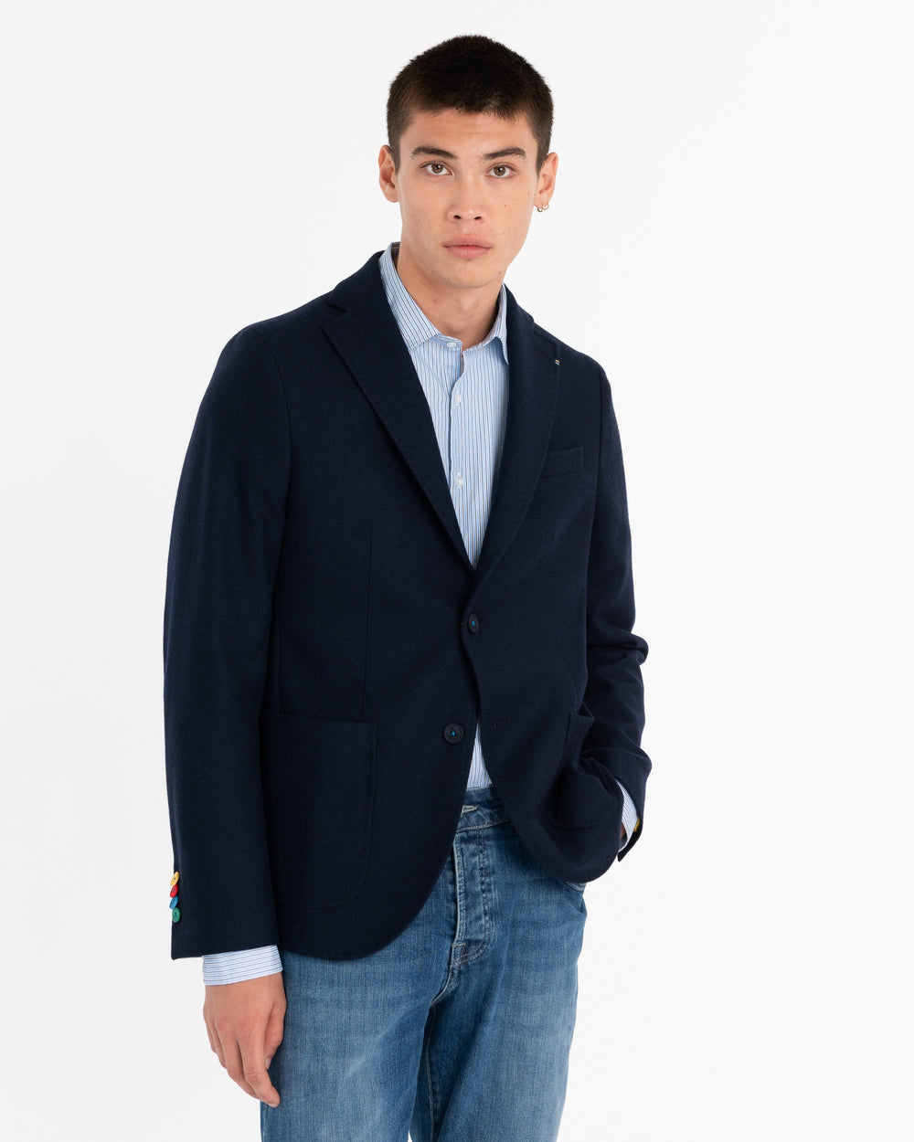 blue wool blend diagonal slim blazer