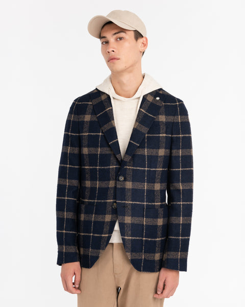 blue slim overcheck wool blend blazer