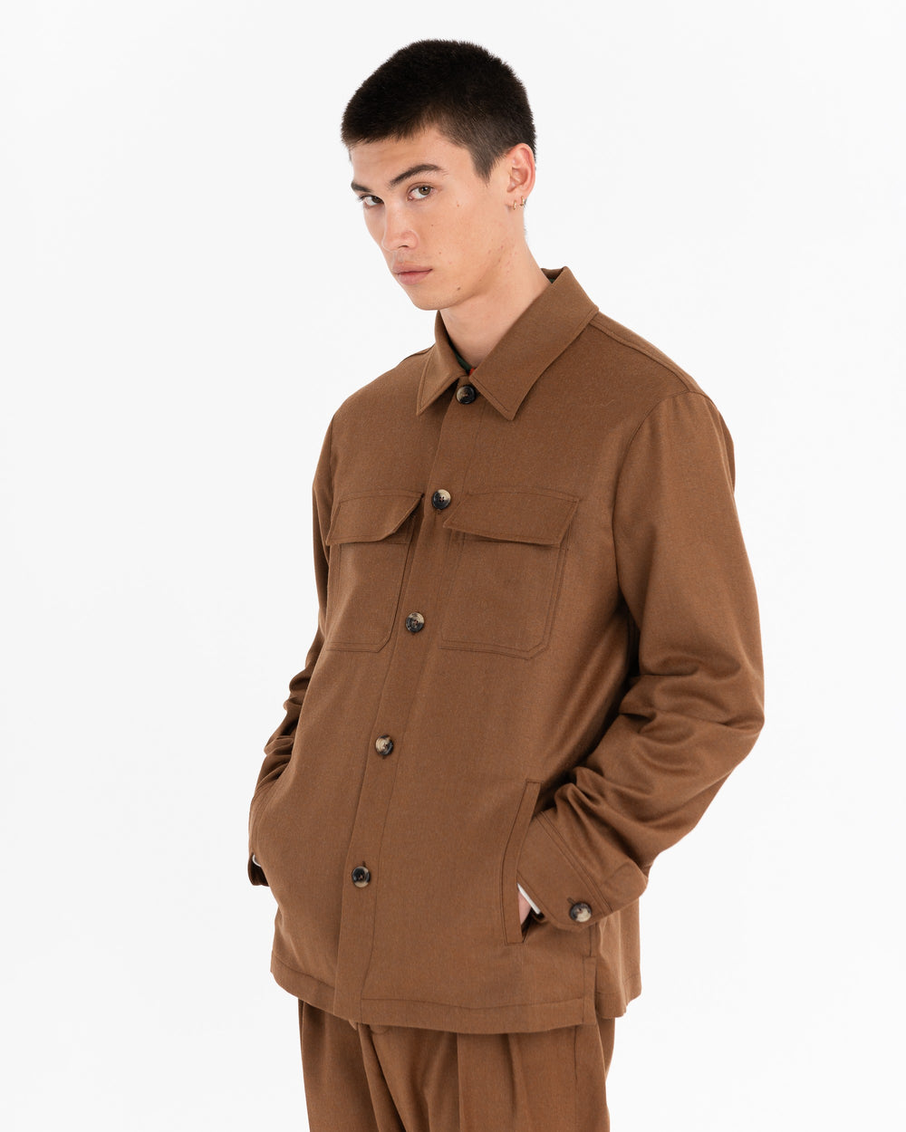 brown stretch wool flannel overshirt