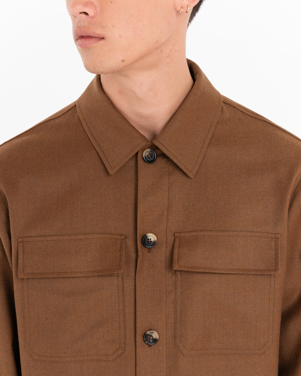 brown stretch wool flannel overshirt