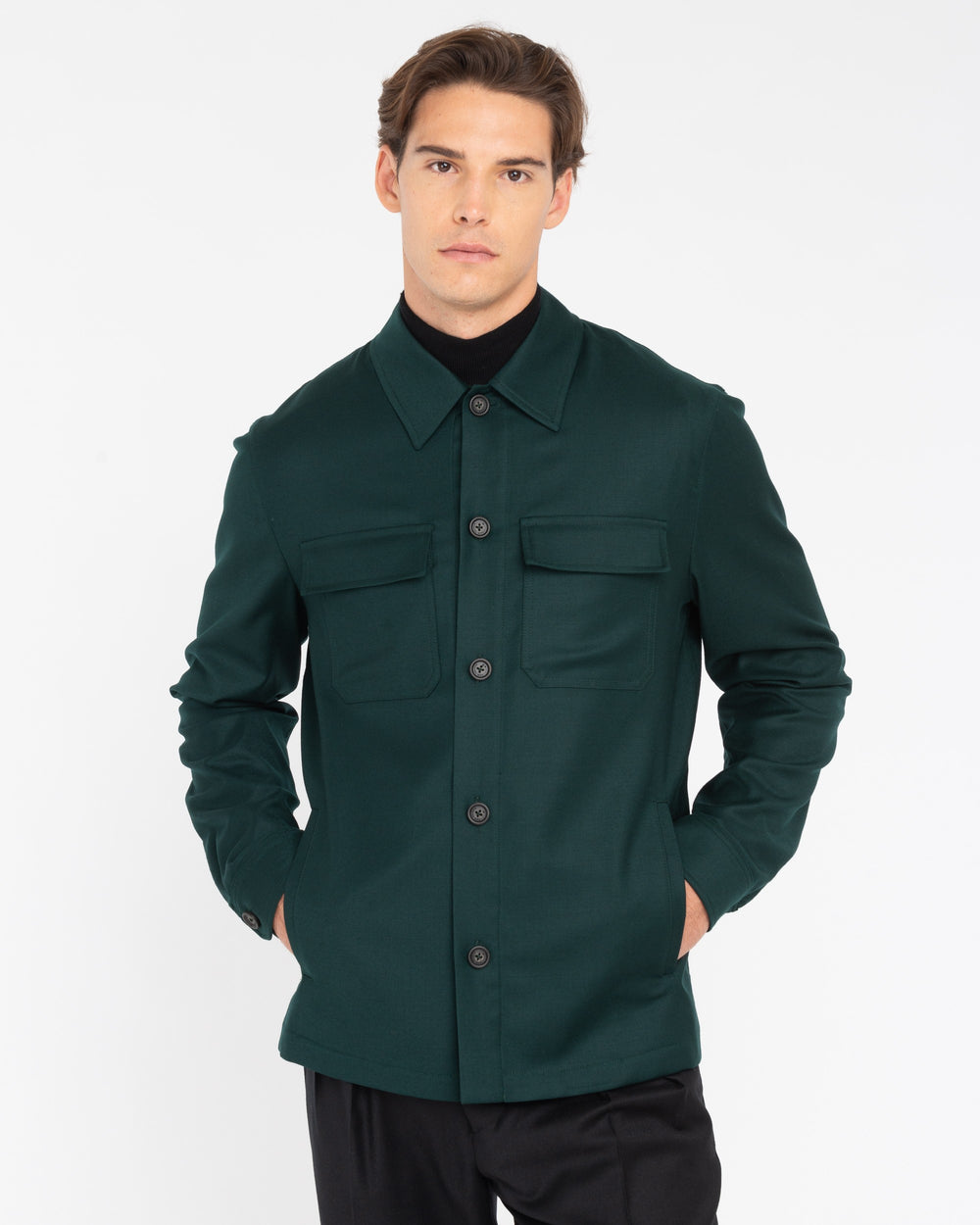 green stretch wool flannel overshirt