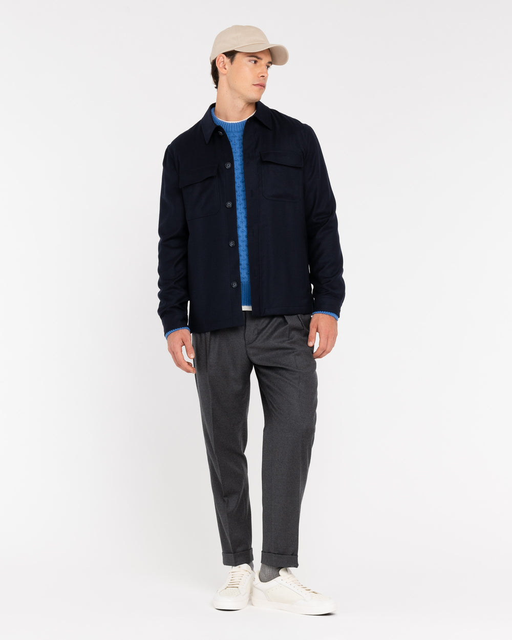 blue stretch wool flannel overshirt