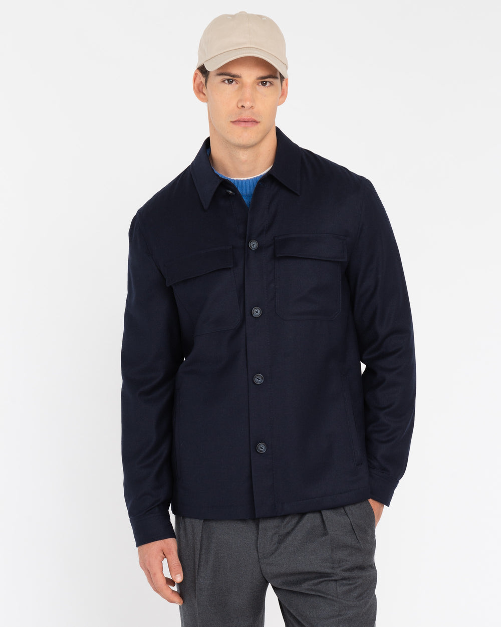 blue stretch wool flannel overshirt