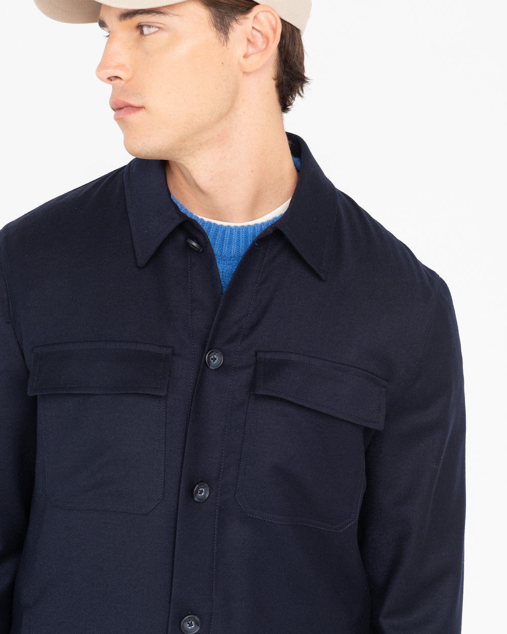 blue stretch wool flannel overshirt