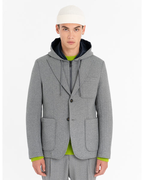 gray resca jersey neoprene hooded blazer