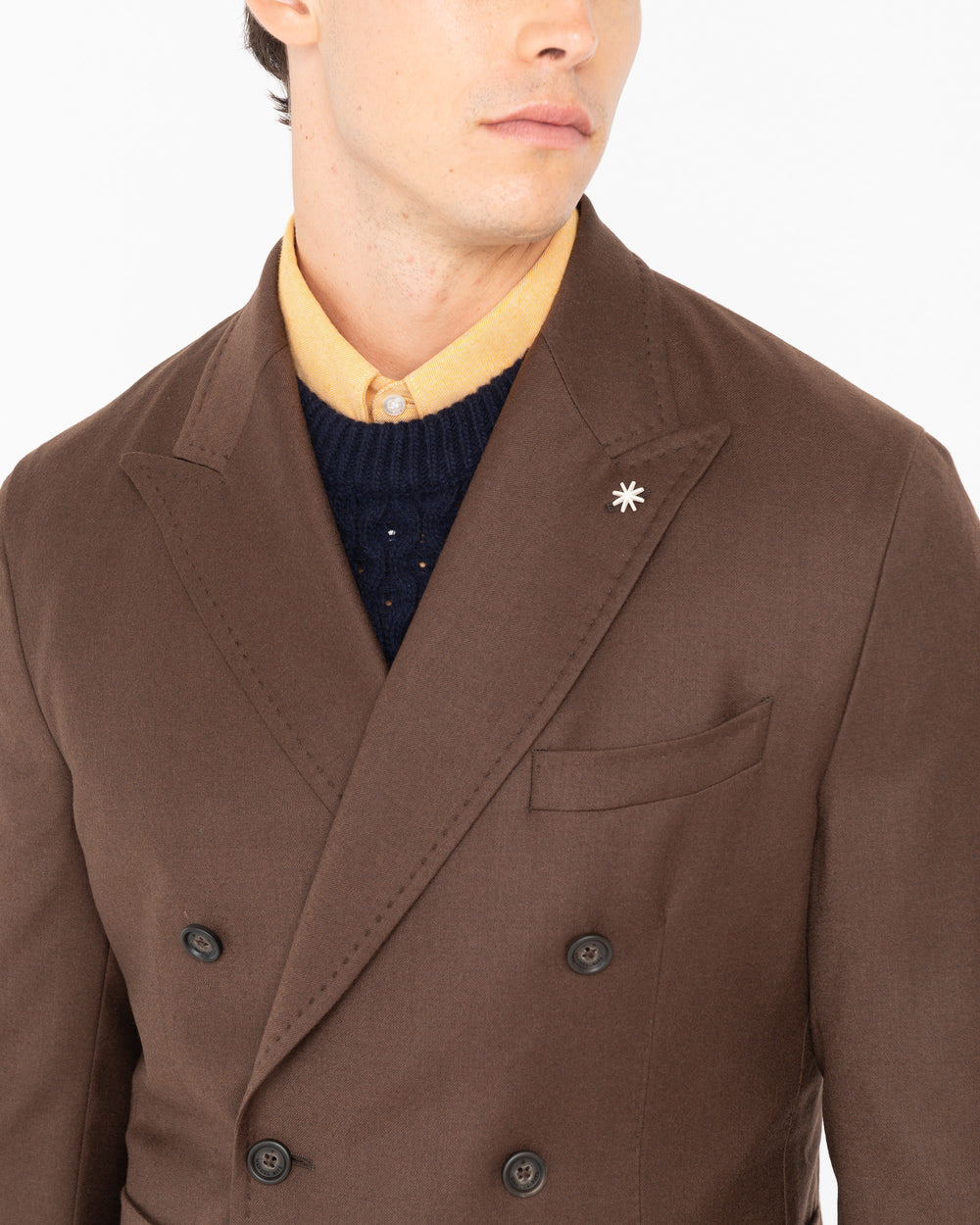 brown stretch wool flannel double breasted blazer