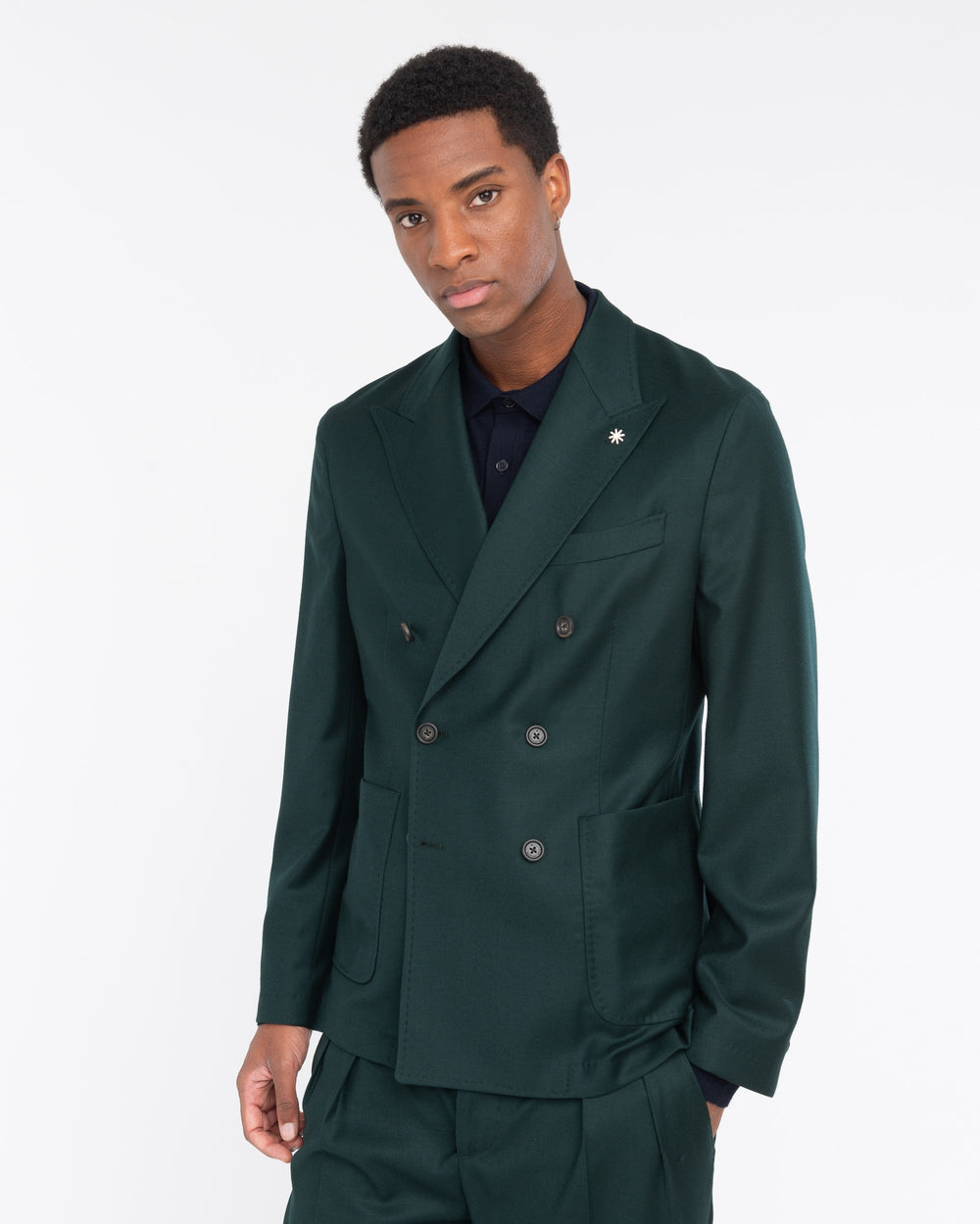 green stretch wool flannel double breasted blazer